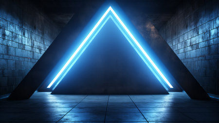 Futuristic Sci Fi Modern elegant alien Dark grunge concrete room with classic blue glowing triangle neon tubes, reflective background, 3d render illustration.の素材