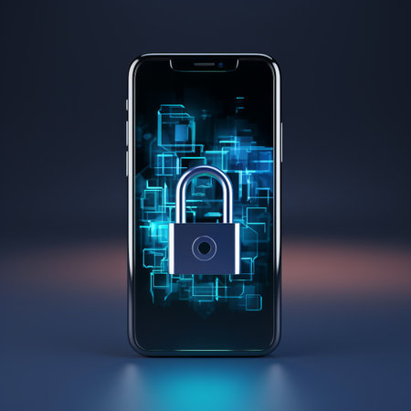 a cell phone with a padlock on the screen, dark blue background.の素材