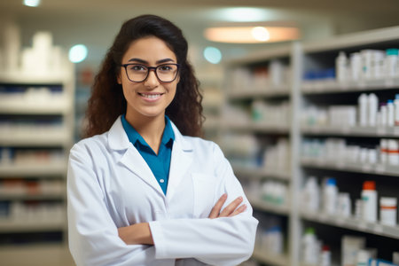 Female pharmacist with medication standing in drugstore. Woman medical specialist with drugs in pharmacy. medicine and healthcare.の素材