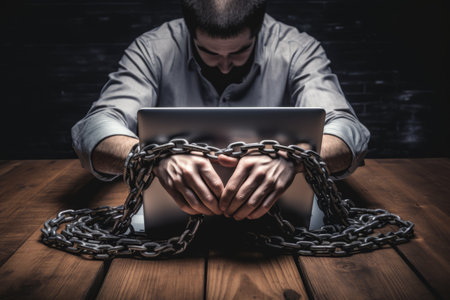 Man handcuffed to laptop symbolizes slavery of clerks and freelancers working through internet. Guy suffers from online addiction and slavery or lack of time for rest associated with strict deadlines.の素材