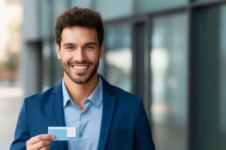 Man takes out business card from pocket to exchange contacts with potential partner or buyer and looks into camera with smile. Business guy in blue shirt wants to share contacts with new acquaintances.の素材