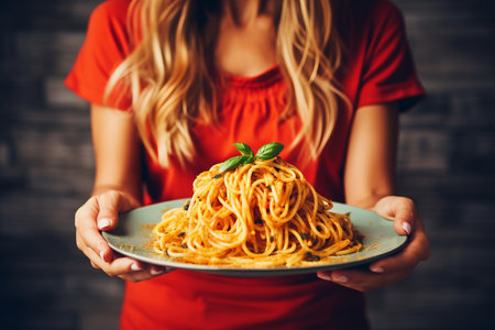 Woman stands with plate of spaghetti in hands and eats italian dish enjoying taste of pasta. Girl eats pasta to satisfy hunger and rejoice at an opportunity to try delicious high-calorie food.の素材