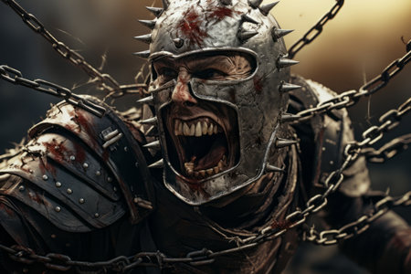 close-up of a man with a chain around his neck, digital art, he screams, spiked metal armor, medieval warrior.の素材