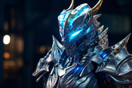 close-up of a robot with glowing eyes, in smooth silvery metal armor.の素材