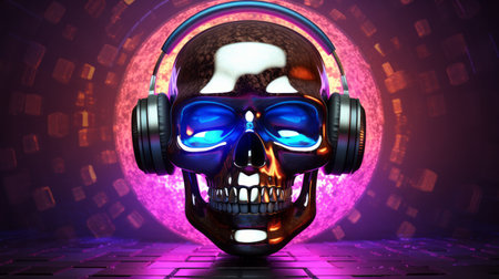 Disco ball skull / 3D illustration of a skull in the shape of a disco mirror ball with headphones and shaded glasses.の素材