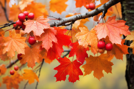 maple and oak leves on bush in autumn.の素材