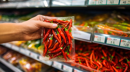 Close-up of a red chili pepper in a plastic package is taken from the shelf of the store counter, a man chooses vegetables in the market for cooking dinner at home.の素材