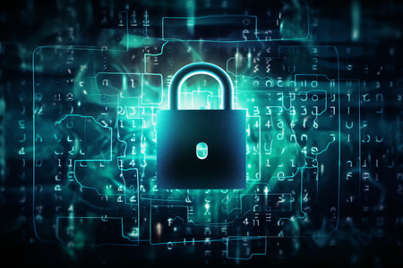 Digital padlock icon, cyber security network and data protection technology on virtual interface screen. Online internet authorized access against cyber attack.and business data privacy concept.の素材