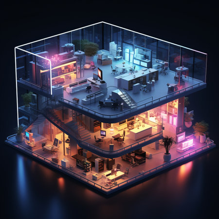 Isometric view of creative office by night. Colored led lights.の素材