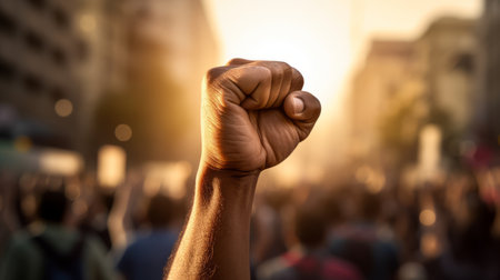 Raised fist of a protester at a political demonstration.の素材