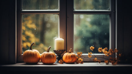 Halloween pumpkins on the windowsill. thanksgiving day. autumn atmosphere. holiday decoration.の素材