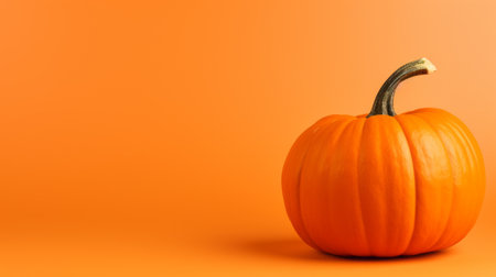 Orange pumpkin on orange background with copy space. Halloween or Thanksgiving concept.の素材