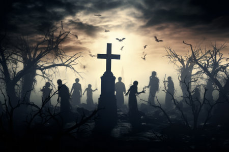 Scary view of zombies at cemetery dead tree, moon, church and spooky cloudy sky with fog, Horror Halloween concept.の素材