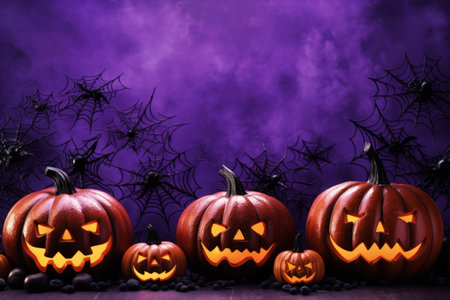 Halloween pumpkins on a purple background with bats and spiders.の素材