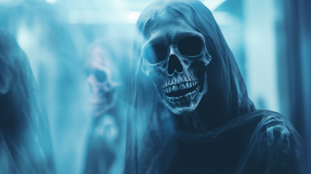 Horror skeleton or grim reaper behind the matte glass. Halloween festival concept. Blurred picture.の素材