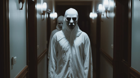 The man is in white clothes and shows a scary looking face at a creepy hotel corridor, look like ghost in night for Halloween Festival concept.の素材
