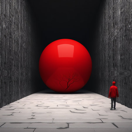 a person standing in front of a large red ball, conceptual art.の素材