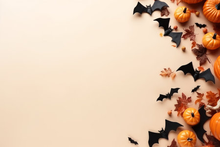 Halloween composition. Halloween decorations, pumpkins, ghosts, paper bats, spiders on pastel beige background. Halloween concept. Flat lay, top view, copy space.の素材