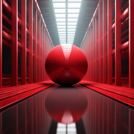 a large red ball sitting inside of a building, minimal composition.の素材