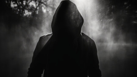 Shadow blur of horror man in jacket with hood. Hands on the glass. Dangerous man behind the frosted glass. Mystery man. Halloween background. Black and white picture.の素材