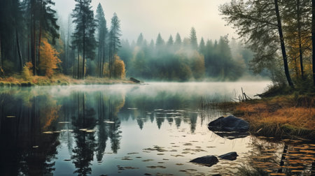 Autumn Landscape, Gloomy Misty Forest Lake, Reflection.の素材