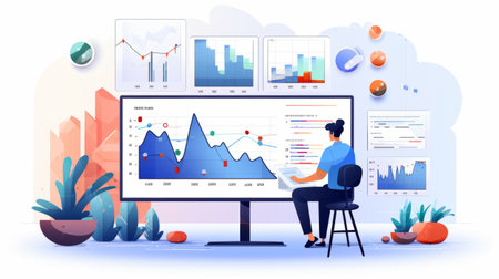 Startup Worker Analyzing Statistics And Diagrams On Pc.の素材