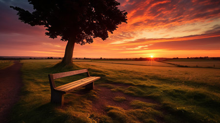 A lone bench in a field taken during a low sunset.の素材