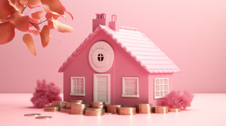 3d render of a pink house on a pink background with coins.の素材