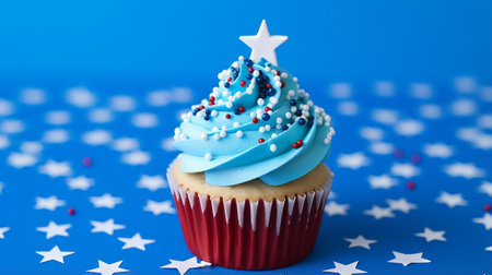 Cupcake with white frosting and blue stars on blue background.の素材