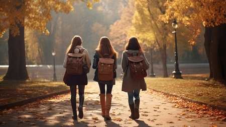 Back view of three young women with backpacks walking in the park. going to school.の素材