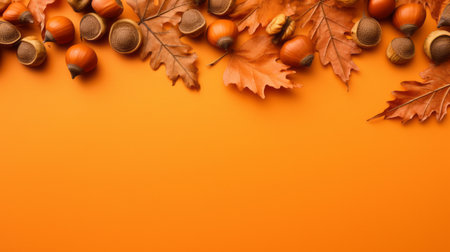 Autumn leaves and acorns on an orange background - Fall Thanksgiving Decor.の素材