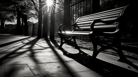 Black and white of Wooden bench on a park walkway with sunlight.の素材