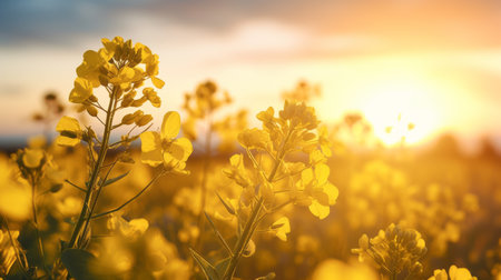 Close up of rapeseed blossom at sunset in field in late spring time.の素材
