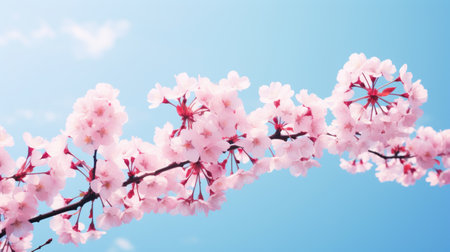 Cherry blossoms on blue sky background. pink color toned.の素材