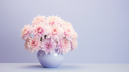 Creative composition made of bouquet of chrysanthemum flowers in a vase on pastel background. Beautiful floral backdrop. Nature concept. Idea for seasonal cards and web design.の素材