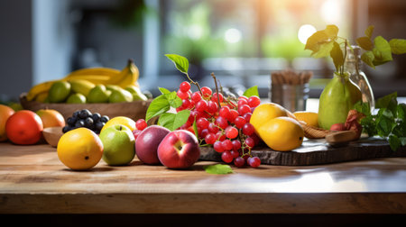 Fresh organic fruit on rustic wooden table in modern kitchen.の素材
