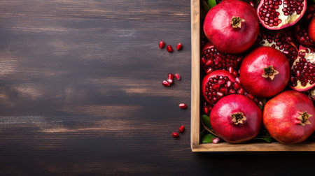 Fresh pomegranate in a wooden box. On a gray background. Top view. Copy space.の素材