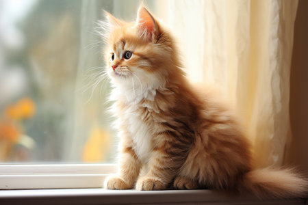 Fluffy kitten sitting on windowsill, playful and cute.の素材