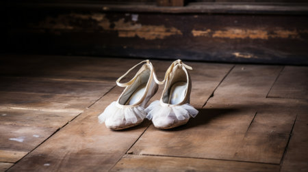 Old ballet shoes on old wooden floor.の素材