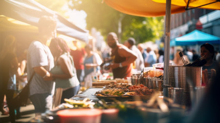 People at a street food market festival on a sunny day, blurred on purpose.の素材