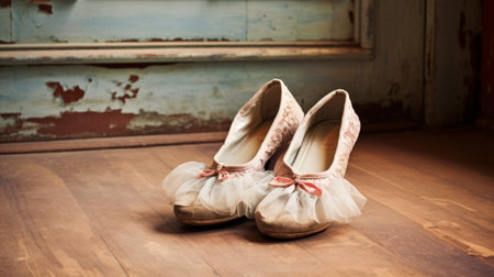 Old ballet shoes on old wooden floor.の素材
