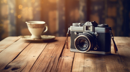Vintage Camera on the wooden table.の素材