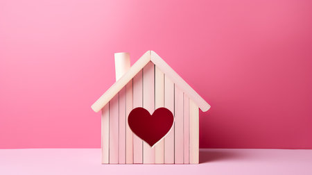 Wooden house with hole in the form of heart with little heart on pink background.の素材