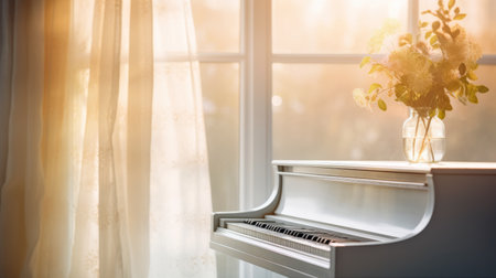 lonely piano on the window background.の素材