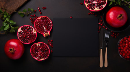 red set with cut pomegranate for restaurant menu top view mockup.の素材