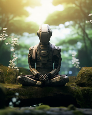 A future samurai robot meditating in a serene futuristic garden.の素材