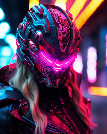 A fashionable cyberpunk warrior in high-tech armor with neon lighting.の素材