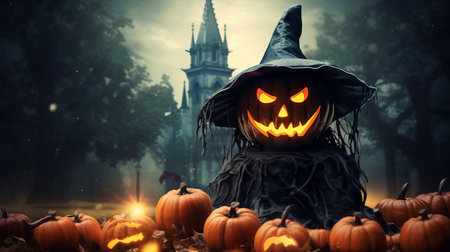 Horror view of Halloween pumpkin with scary smiling face. Head jack lantern with haunted building and tree on dark toned foggy background.の素材