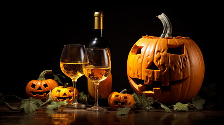 Funny Halloween pumpkins drinking wine at black background.の素材
