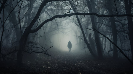 Horror background of a ghostly figure in enchanted a forest on a moody, foggy night. Halloween concept.の素材